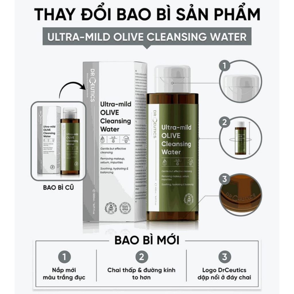 Nước Tẩy Trang DrCeutics Ultra-mild Olive Cleansing Water Nước Tẩy Trang Làm Sạch Dịu Nhẹ, Cấp Ẩm 500ml
