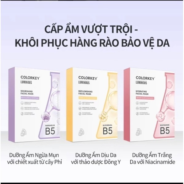 Combo 10 Mặt Nạ Colorkey Luminous B5 Facial Mask  Dưỡng Ẩm, Làm Dịu, Sáng Da, Giảm Mụn 25ml