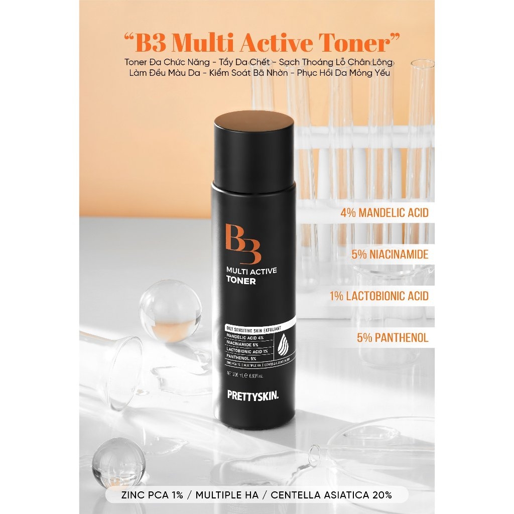 Nước Hoa Hồng Pretty Skin B3 Multi Active Toner Phục Hồi Da, Cấp Ẩm Cho Da 205ml