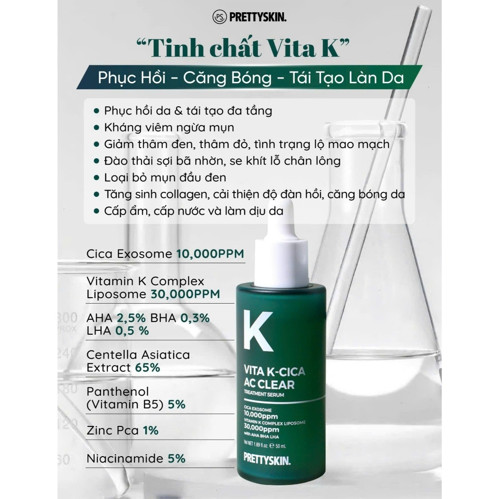 Serum Pretty Skin Vita K - Cica AC Clear Treatment, Serum Phục Hồi, Serum Căng Bóng Da 50ml