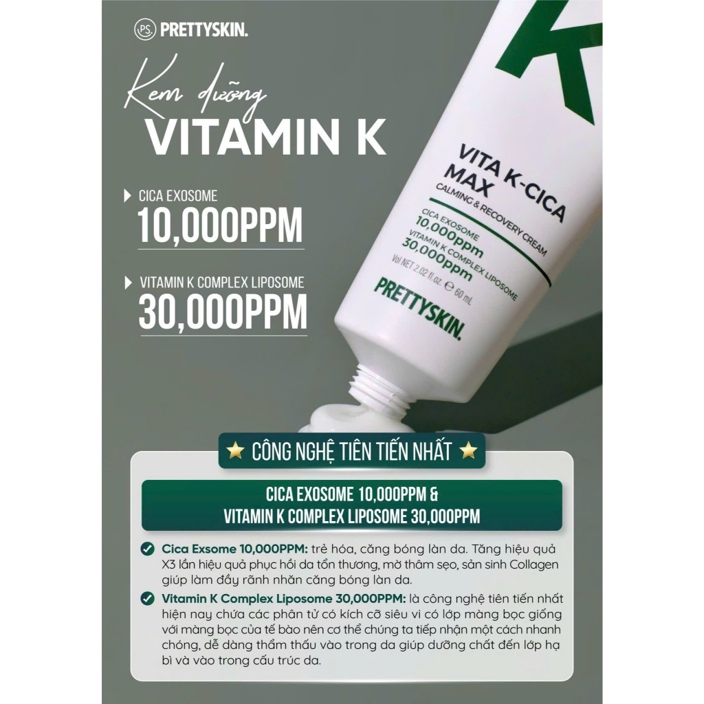Kem Dưỡng Pretty Skin Vita K-Cica Max Calming & Recovery Cream, Kem Dưỡng Giảm Mụn, Kem Dưỡng Phục Hồi 60ml