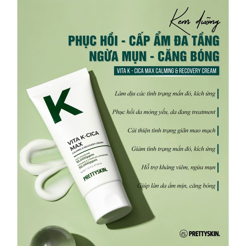 Kem Dưỡng Pretty Skin Vita K-Cica Max Calming & Recovery Cream, Kem Dưỡng Giảm Mụn, Kem Dưỡng Phục Hồi 60ml