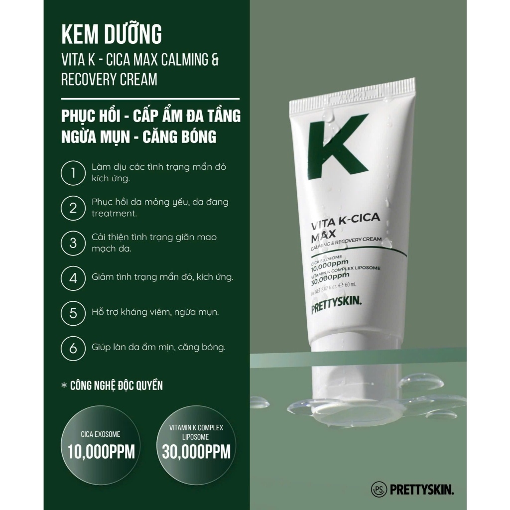 Kem Dưỡng Pretty Skin Vita K-Cica Max Calming & Recovery Cream, Kem Dưỡng Giảm Mụn, Kem Dưỡng Phục Hồi 60ml