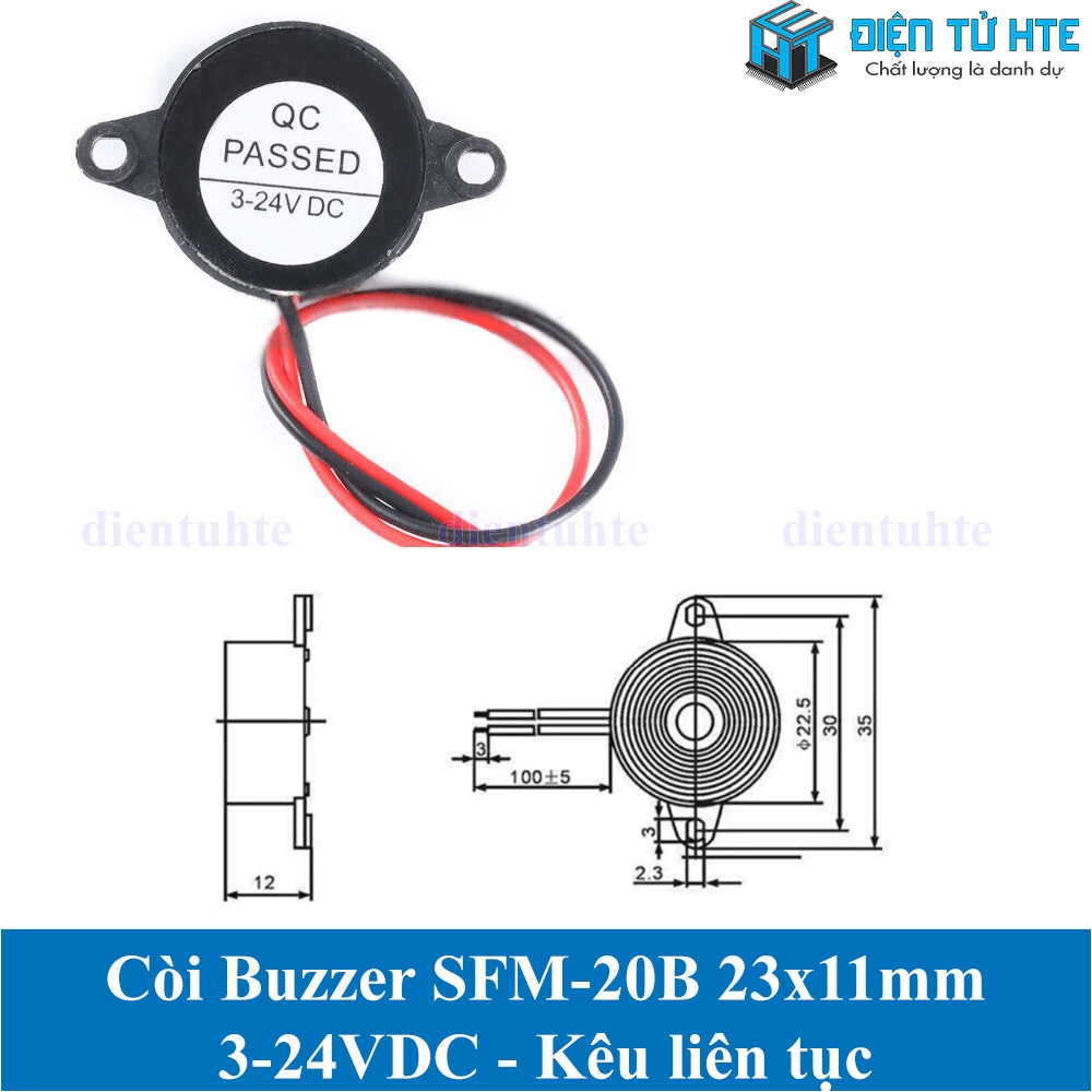 Còi Buzzer SFM-20 SFM-20B 23x11mm 3-24V có dây, có tai vặn, màu đen ...