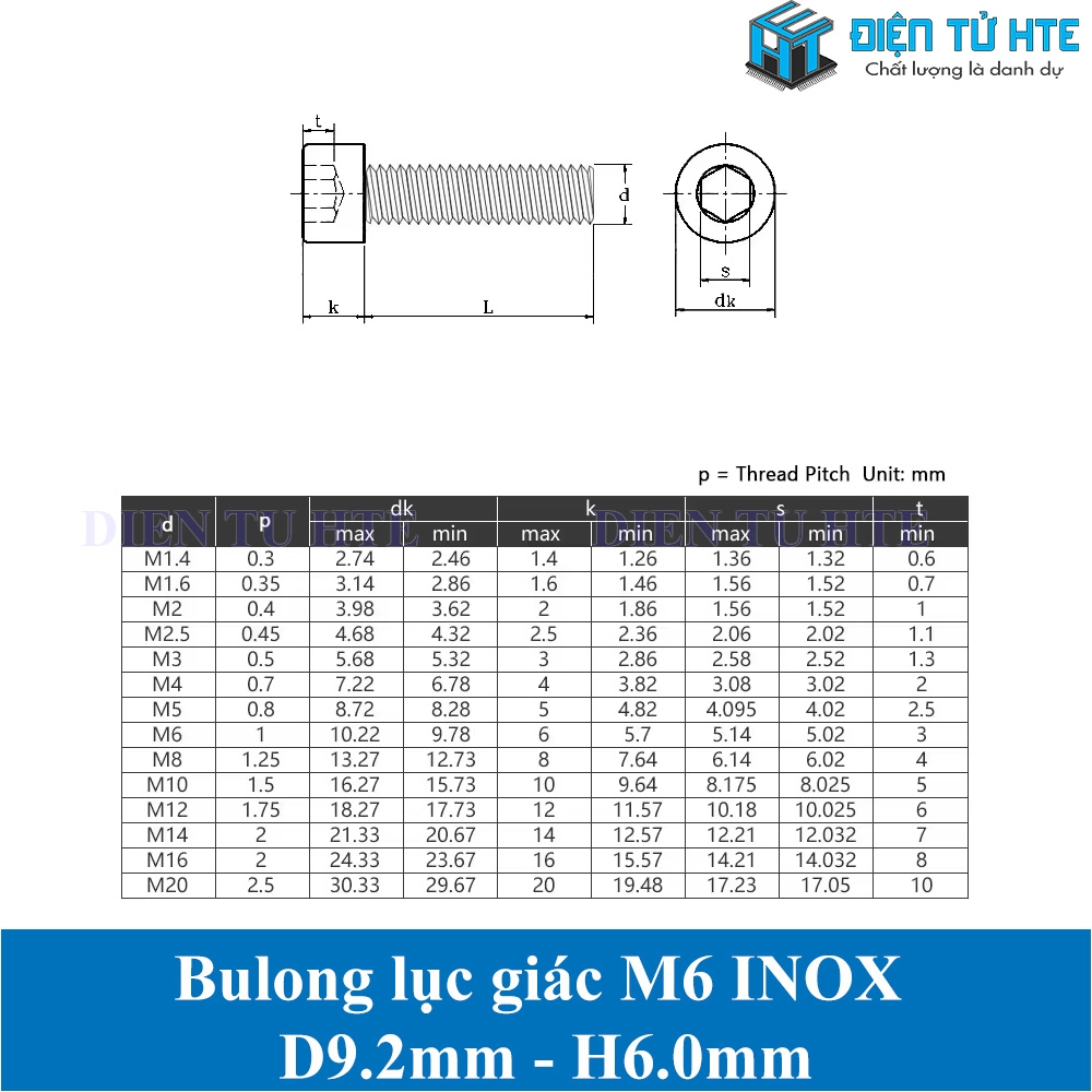 Ốc lục giác - Bulon lục giác Inox 304 Size M6 | Điện Tử HTE