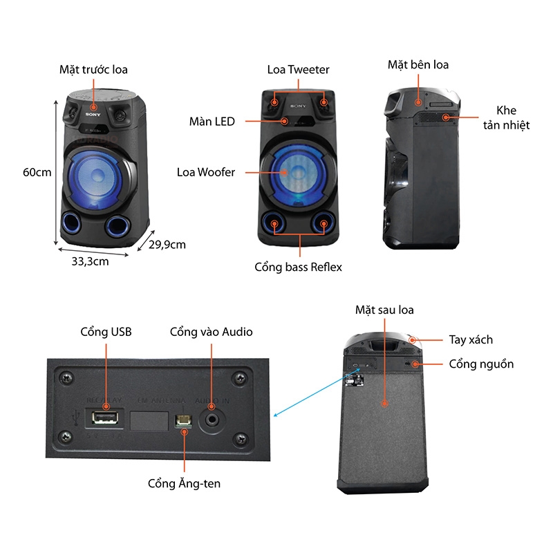 Loa Bluetooth & Loa Kéo Sony MHC-V13 | Bass 20cm, Đèn Led, Hỗ trợ Hát Karaoke, Nghe FM