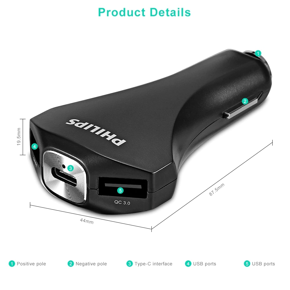 Sạc/Dock Sạc Xe Hơi Philips DLP2012 Quick Charge 3.0 cổng USB-C, Tích Hợp Đầu Phá Kính Thoát Hiểm