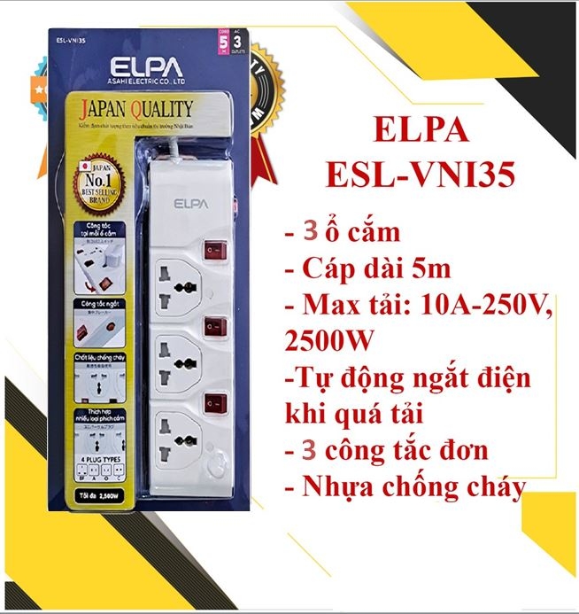 Ổ cắm di động đa năng ESL-VNI35 3 ổ cắm chính hãng ELPA JAPAN kèm công tắc ESU-HK33 MỚI 100%