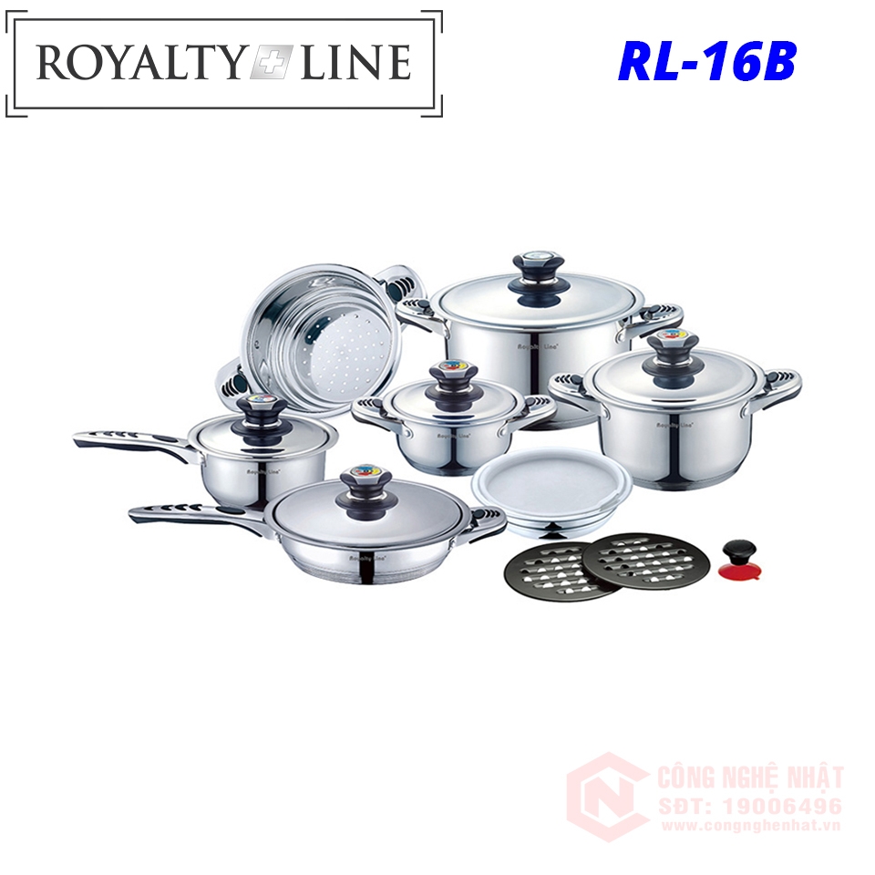 Bộ nồi nấu ăn 16 chi tiết bằng thép không gỉ Royalty Line RL-16B