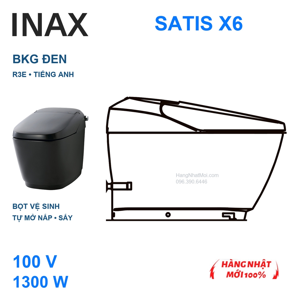 Bồn cầu thông minh INAX SATIS X6 BKG đen nguyên bộ với điều khiển R3E tiếng Anh 100V