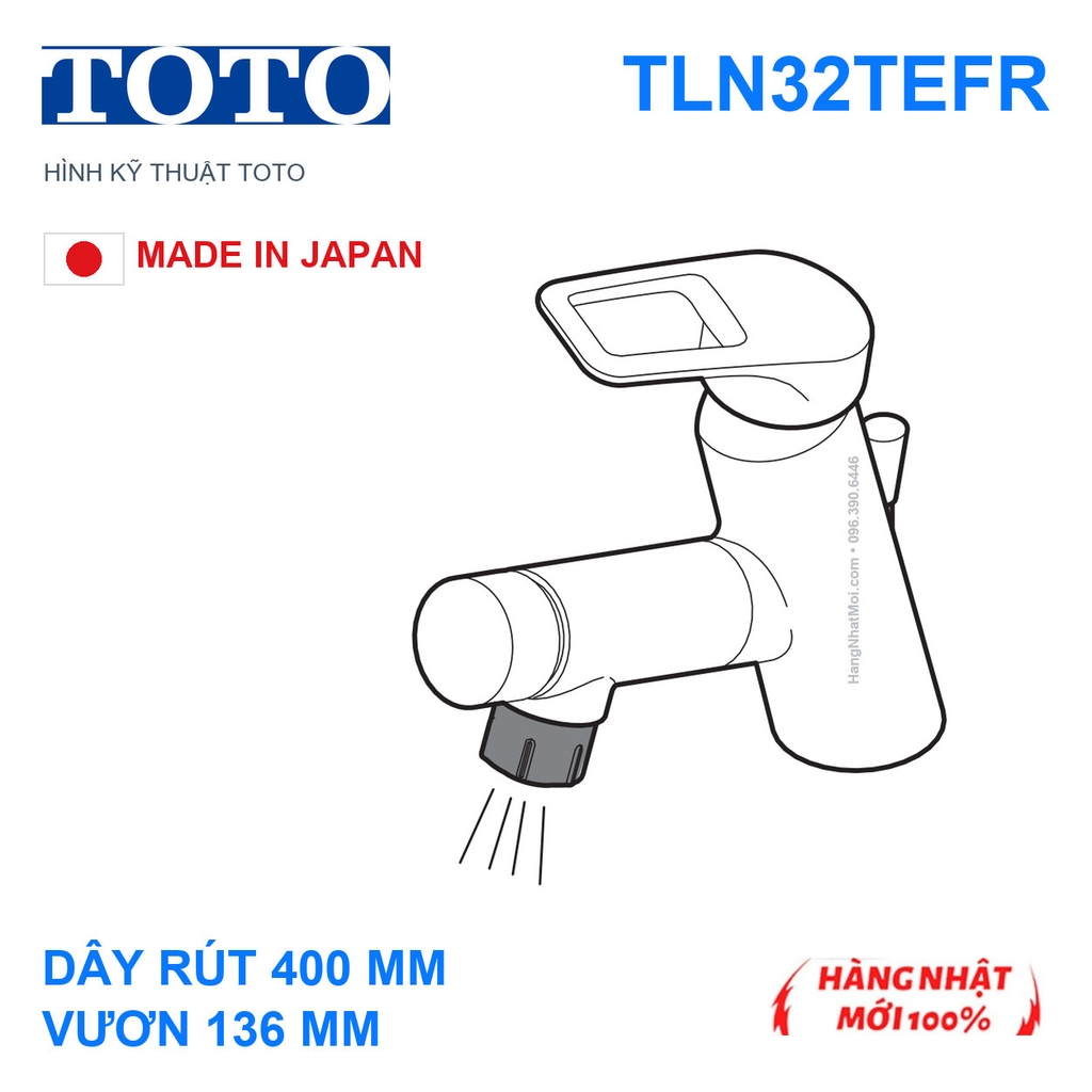 TOTO TLN32TEFR sản xuất tại Nhật, vòi dây rút 400 mm, tầm vươn 136 mm