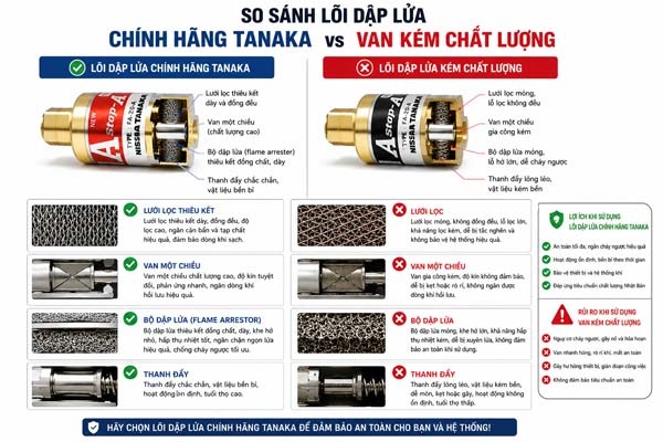 Hình ảnh minh họa sự khác biệt giữa lõi dập lửa chính hãng Tanaka và van kém chất lượng