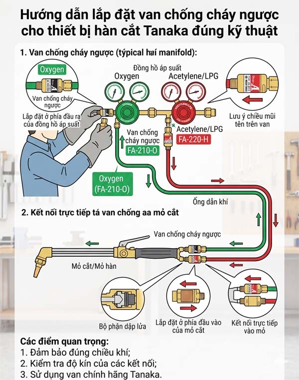 Hướng dẫn lắp đặt van chống cháy ngược cho thiết bị hàn cắt oxy gas