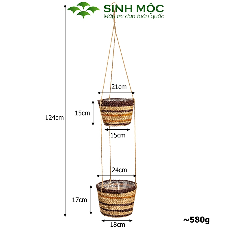 Chậu trồng cây hai tầng, giỏ hoa treo tường, giỏ cói decor, chậu cây trang trí Sinh Mộc - M1014