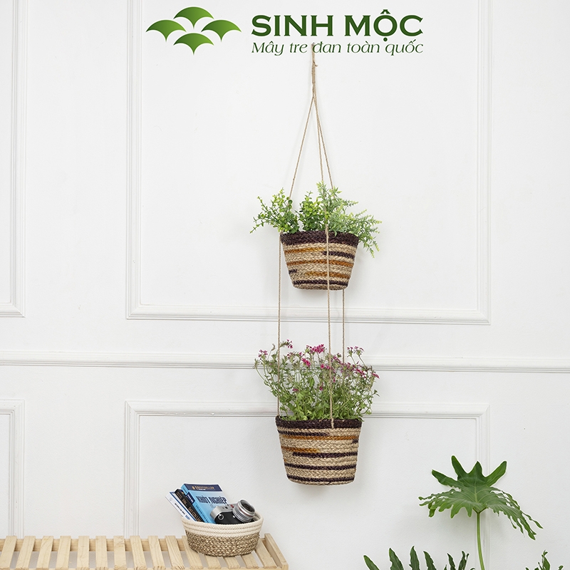 Chậu trồng cây hai tầng, giỏ hoa treo tường, giỏ cói decor, chậu cây trang trí Sinh Mộc - M1014