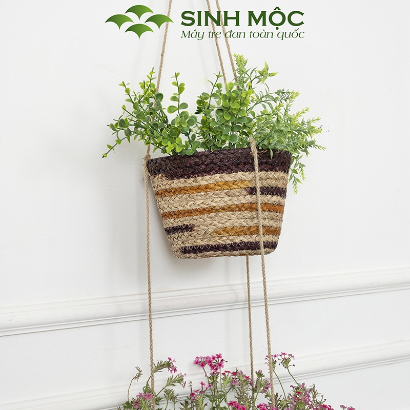 Chậu trồng cây hai tầng, giỏ hoa treo tường, giỏ cói decor, chậu cây trang trí Sinh Mộc - M1014