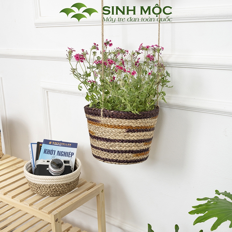 Chậu trồng cây hai tầng, giỏ hoa treo tường, giỏ cói decor, chậu cây trang trí Sinh Mộc - M1014