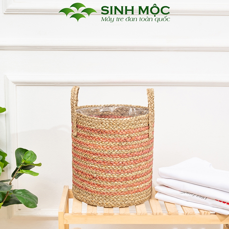 Giỏ cói trồng cây sọc hồng dễ thương, decor chụp ảnh, giỏ cói đựng đồ - M1007