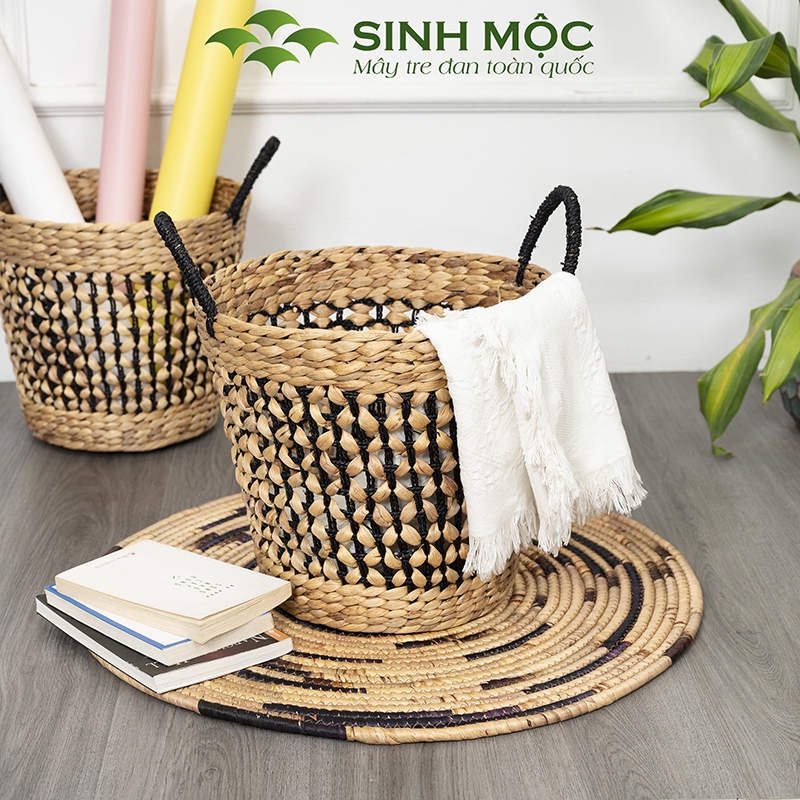 Giỏ lục bình hoa thị, giỏ đựng quần áo, sọt lục bình, giỏ đựng đồ văn phòng Sinh Mộc - M1026