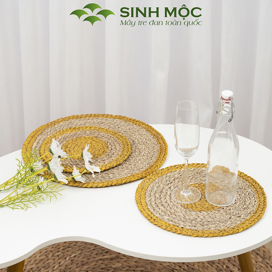 Đĩa cói lót ly màu vàng, lót bàn ăn, lót cốc, Decor chụp ảnh, tấm lót Sinh Mộc - M2002