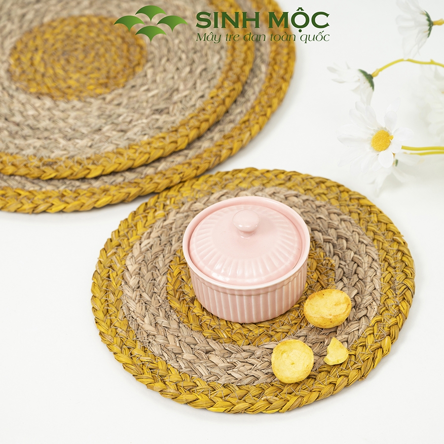 Đĩa cói lót ly màu vàng, lót bàn ăn, lót cốc, Decor chụp ảnh, tấm lót Sinh Mộc - M2002
