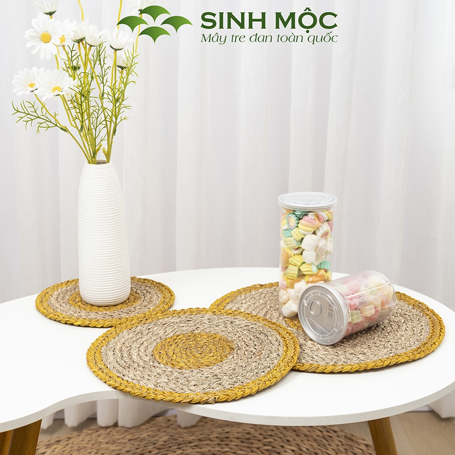 Đĩa cói lót ly màu vàng, lót bàn ăn, lót cốc, Decor chụp ảnh, tấm lót Sinh Mộc - M2002