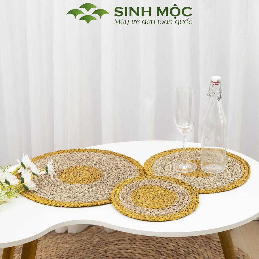 Đĩa cói lót ly màu vàng, lót bàn ăn, lót cốc, Decor chụp ảnh, tấm lót Sinh Mộc - M2002