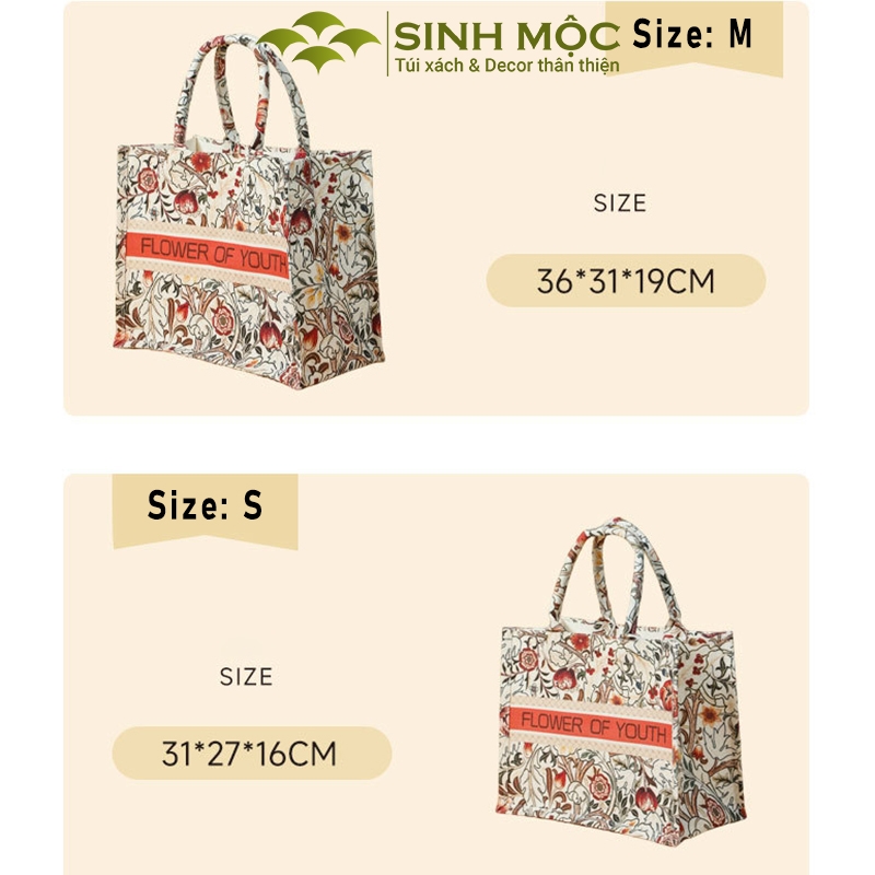 Túi đi biển, túi tote, túi chống nước, túi canvas, túi hoa mẫu đơn, Sinh Mộc - M3050