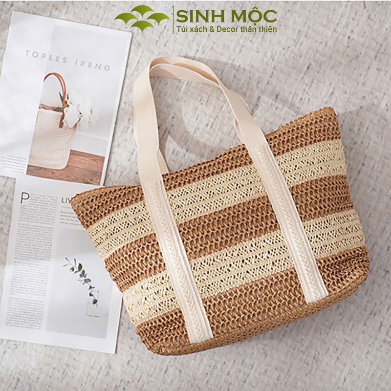 Túi đi biển, túi xách nữ giả cói, túi kẻ ngang Sinh Mộc - M3832