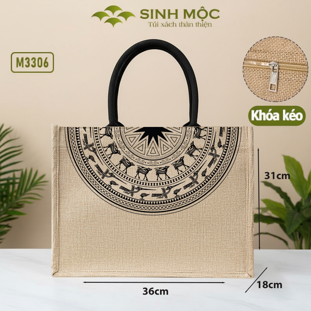 Túi linen họa tiết trống đồng, chống nước, có khóa kéo - M3306 (linen trống đồng)