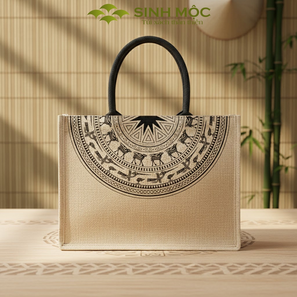 Túi linen họa tiết trống đồng, chống nước, có khóa kéo - M3306 (linen trống đồng)