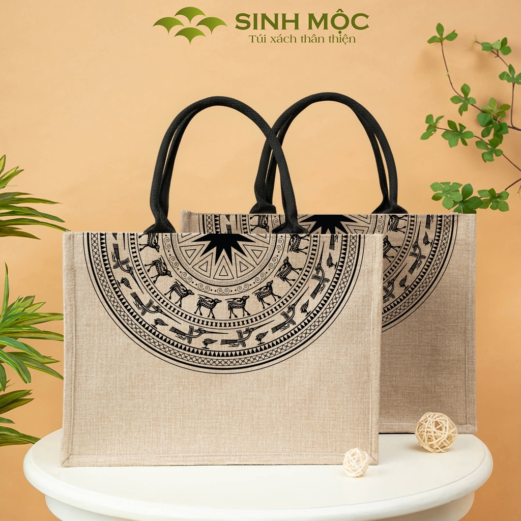Túi linen họa tiết trống đồng, chống nước, có khóa kéo - M3306 (linen trống đồng)