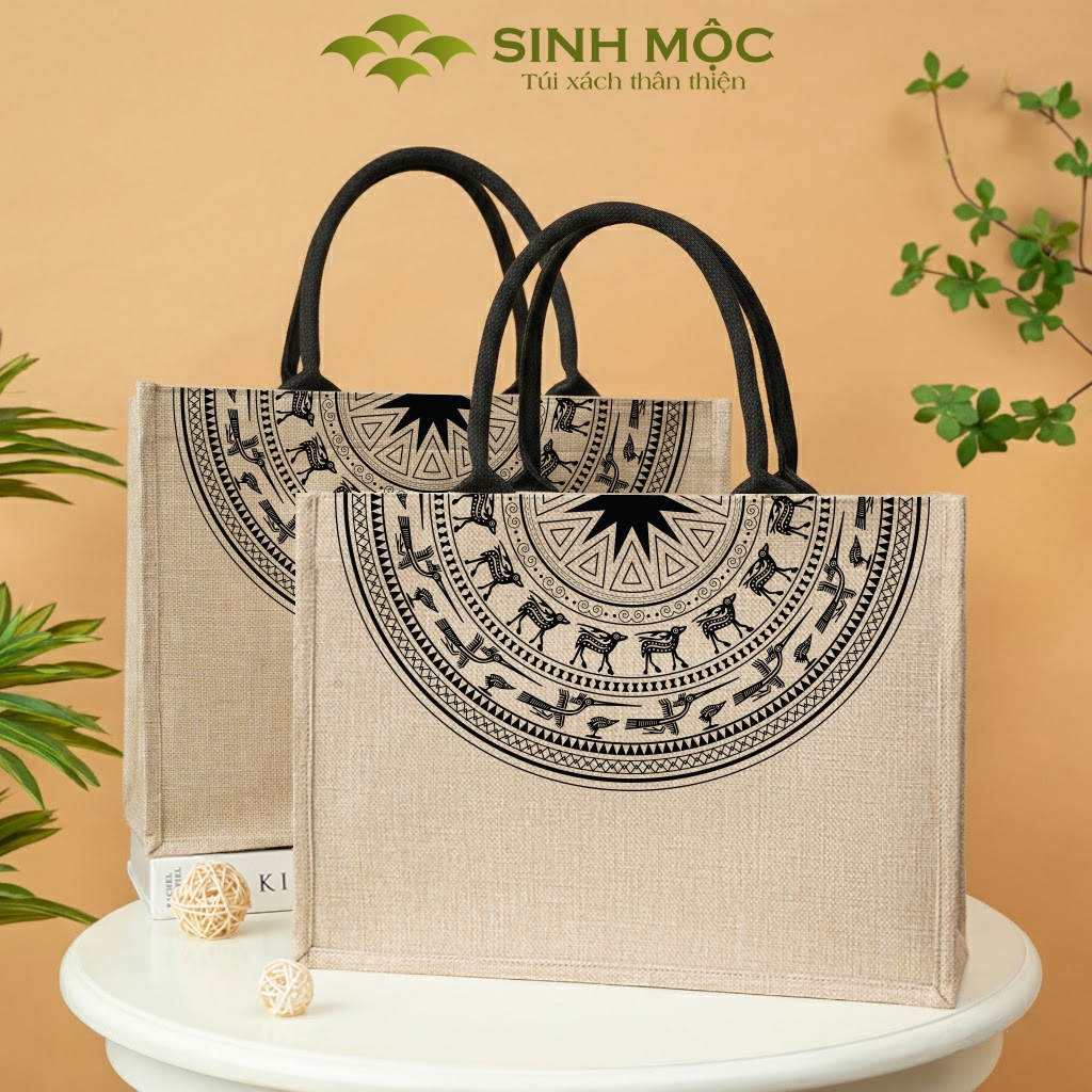Túi linen họa tiết trống đồng, chống nước, có khóa kéo - M3306 (linen trống đồng)