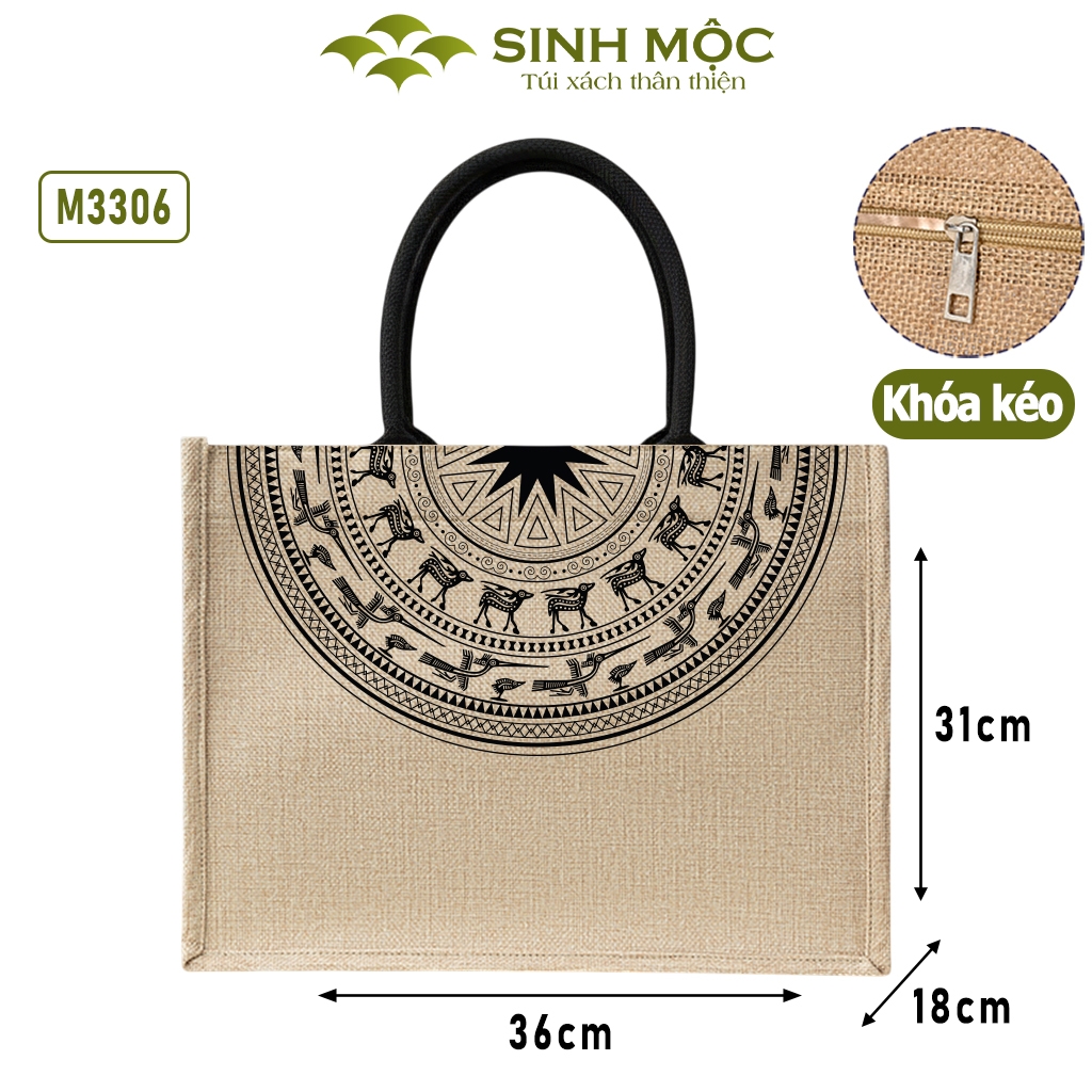 Túi linen họa tiết trống đồng, chống nước, có khóa kéo - M3306 (linen trống đồng)