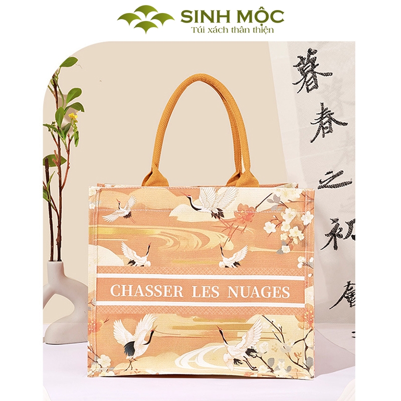 Túi tote canvas họa tiết chim hạc chống nước nhẹ nhàng đi chơi – M3073