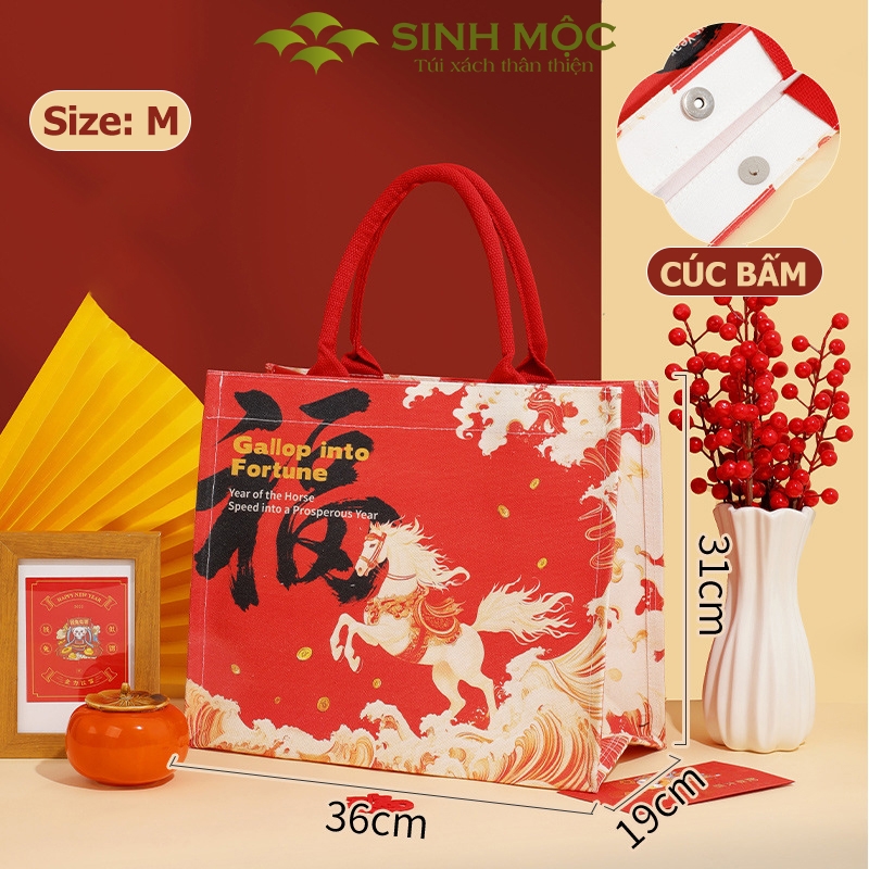 Túi xách tết Bính Ngọ 2026, túi canvas hình Ngựa, túi tote năm Ngọ - M3008