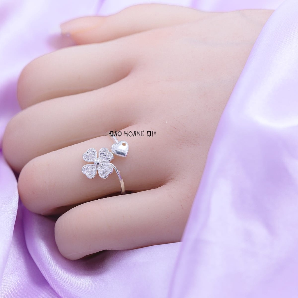 Nhẫn Bạc Nữ Thiết Kế Mẫu Nhẫn Mở Hình Bông Hoa và Trái Tim Free Size N2409020086