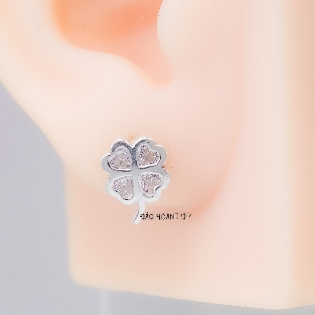 Bông Tai Bạc Nữ Kiểu Nụ Hình Cỏ 4 Lá Đá Trắng Trái Tim Xinh Xắn H2410230054