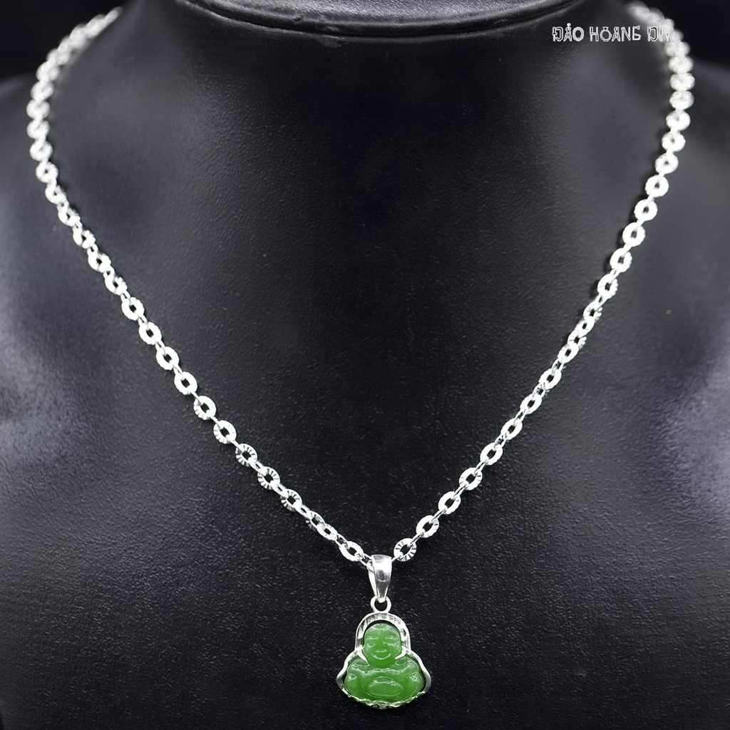 Mặt Dây Chuyền Bạc Nữ Tượng Phật Di Lặc Kim Tiền Đá Xanh Ngọc Size Nhỏ M2409250018