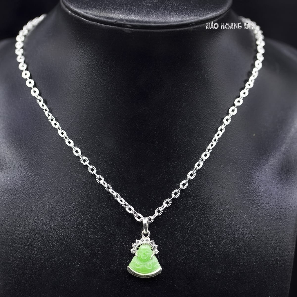 Mặt Dây Chuyền Bạc Nữ Tượng Phật Di Lặc Đá Xanh Ngọc Đính Đá Trắng Size Nhỏ M2409250017