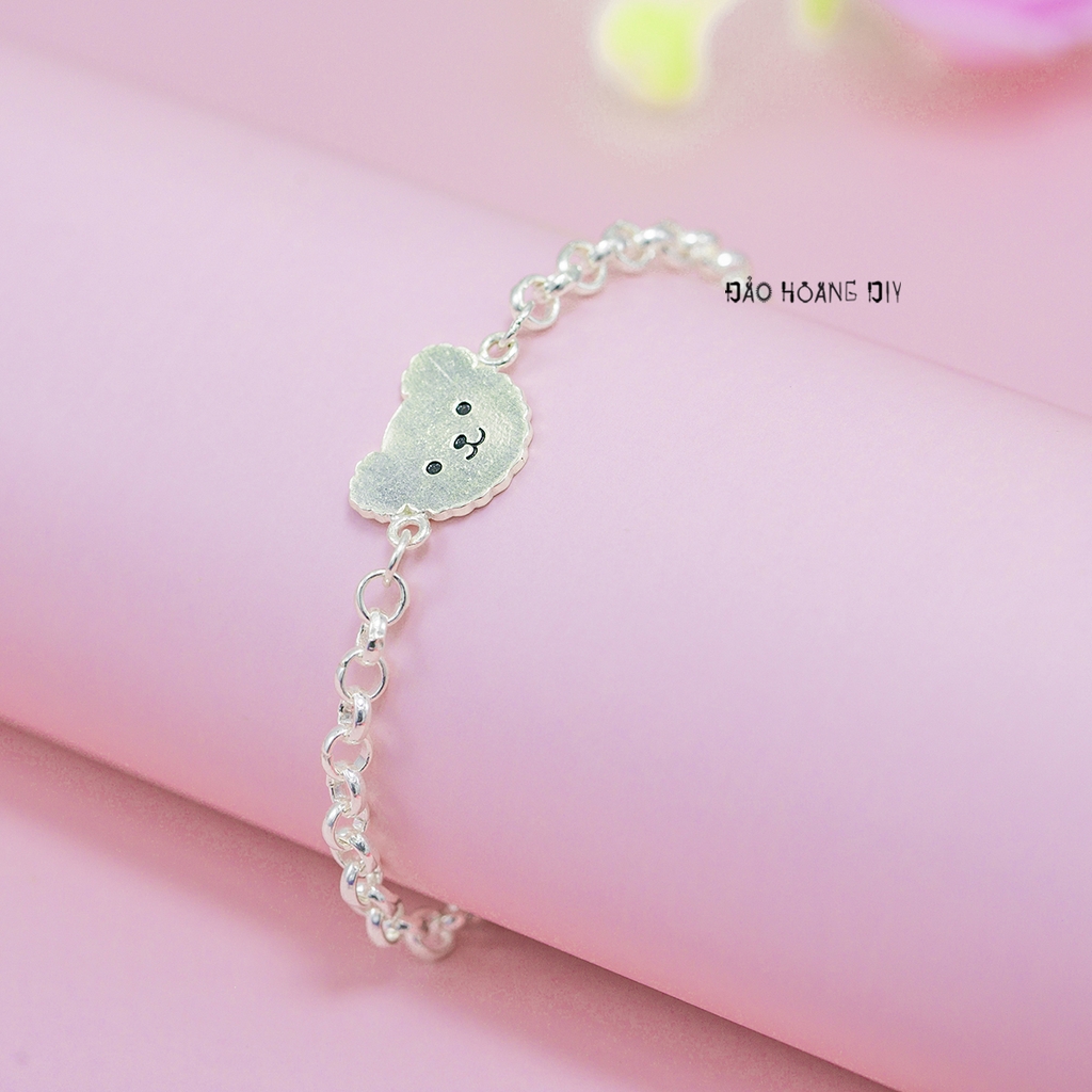 Lắc Tay Bạc Trẻ Em Hình Mặt Gấu Hoa Văn