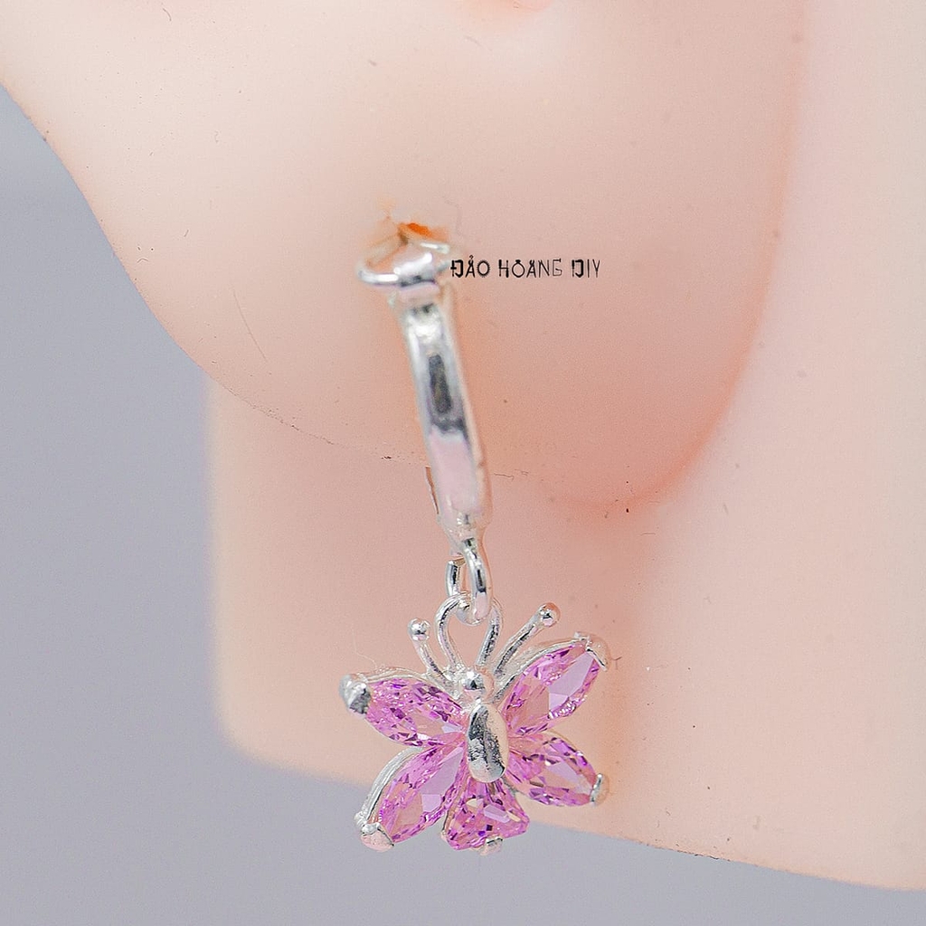 Bông Tai Bạc Nữ Khong Tròn Cánh Bướm Đá Hồng Dễ Thương H2410260001