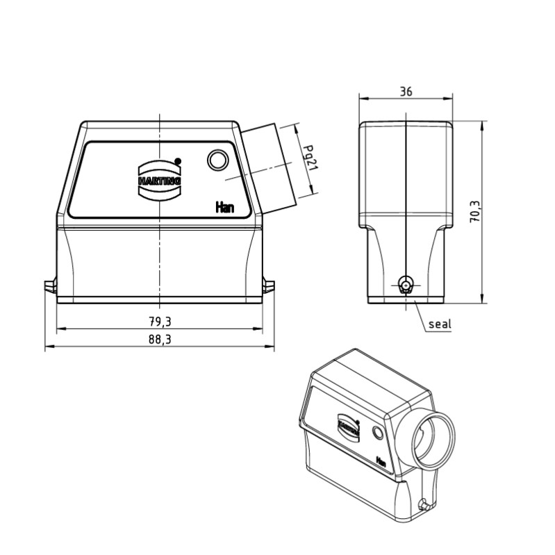 Jack Panel 09200160541 HARTING Heavy Duty Power Connector HDC Size 16A Han A with latch Low Profile