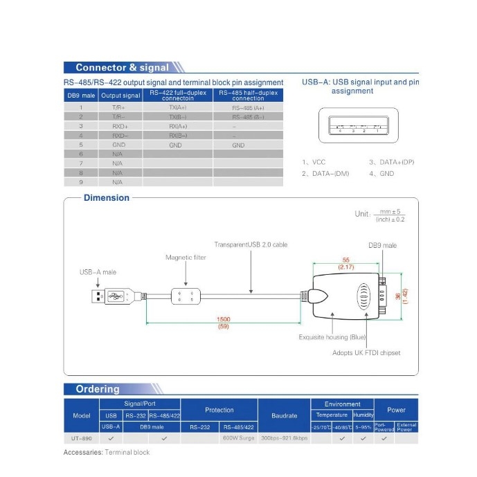 Bộ Chuyển Đổi UOTEK UT-890A USB 2.0 to Serial RS-485/422 Converter 1.5M For Thiết Bị Công Nghiệp Data Industrial Software