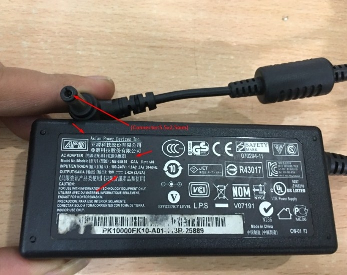 Adapter ORIGINAL APD Asian NB-65B19-CAA 19V 3.42A For Notebook & Digital DVR AVTECH KPD679ZB Connector Size 5.5mm x 2.5mm