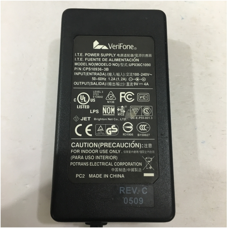 Bộ Chuyển Đổi Nguồn Adapter Original 9V 4A 36W VeriFone UP036C1090 Connector Size 3.5mm x 1.35mm 90 Degree