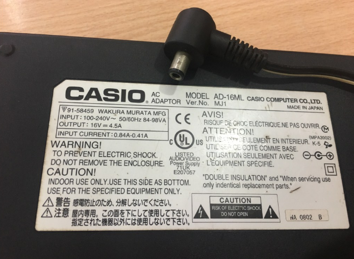 Adapter Original CASIO AD-16ML MJ1 16V 4.5A For Organ Casio Connector Size 6.5mm x 3.0mm