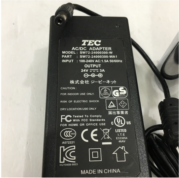 Adapter Original 24V 3A 72W TEC SW72-24000300-W Connector Size 5.5mm x 2.1mm