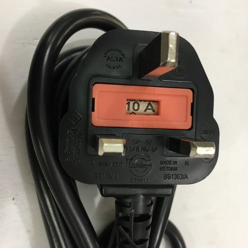 Dây Nguồn I-SHENG SP-60 IS-14 UK Chuẩn 3 Chấu Có Cầu Chì AC Power Cord 100613-008 BS1363 to C13 10A 250V 3X0.75mm Length 1.8M