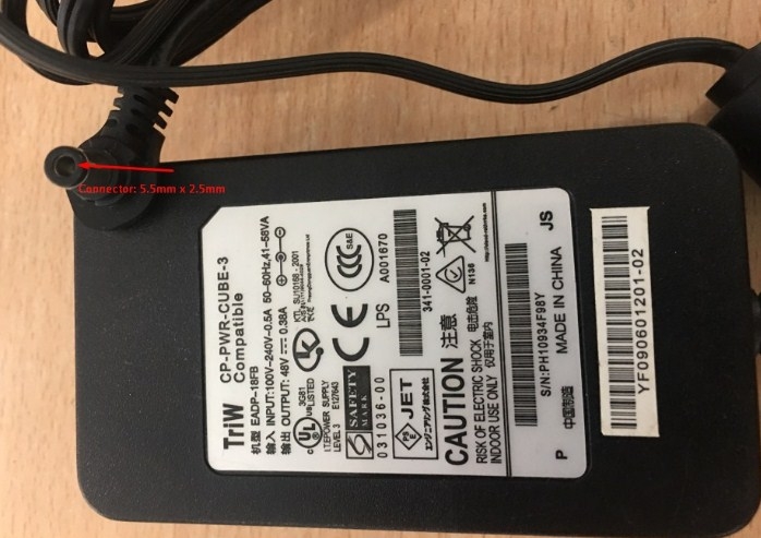 Adapter Hội Nghị Truyền Hình Polycom SoundStation IP 6000 Power Supply 48V 0.38A IEC C13 Connector Size 5.5mm x 2.5mm